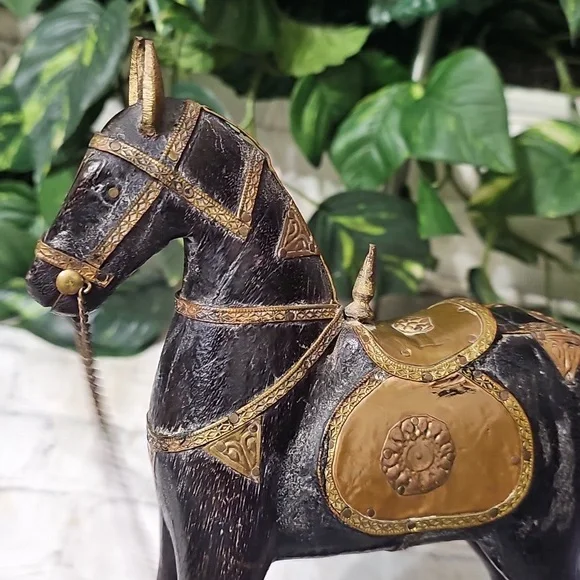 Vintage Carved Wooden Hammered Brass Rocking Horse Decor - Picture 10 of 12